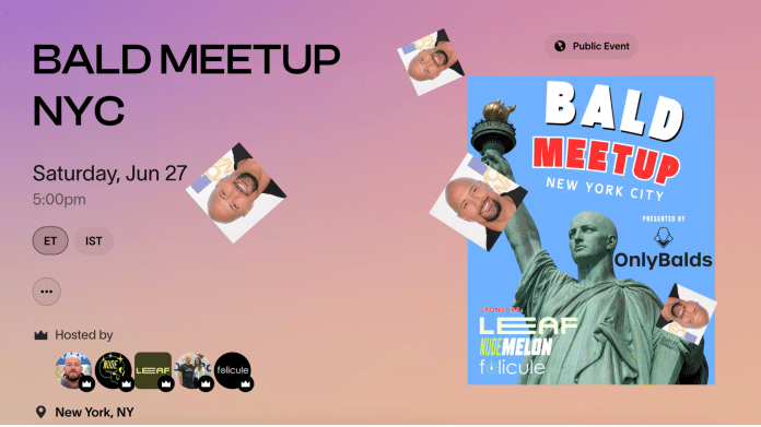 The invite for New York's bald meetup. | Partiful